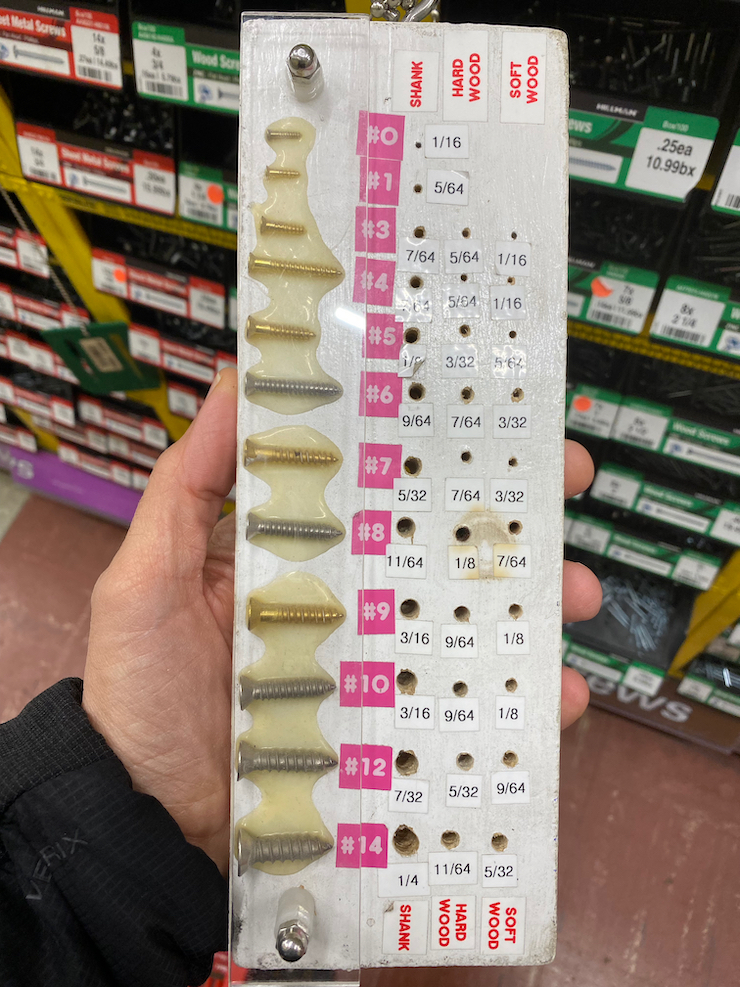 Screw size guide at Ace Hardware